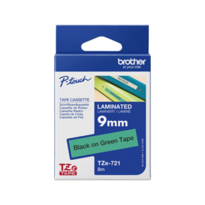 Brother TZe-721 9mm Black on Green Laminated Tape